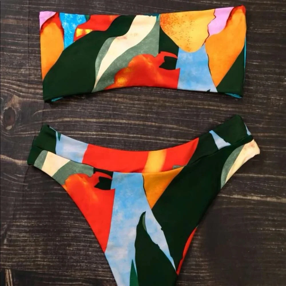 Boho front tie color block abstract print high waisted tube bikini set